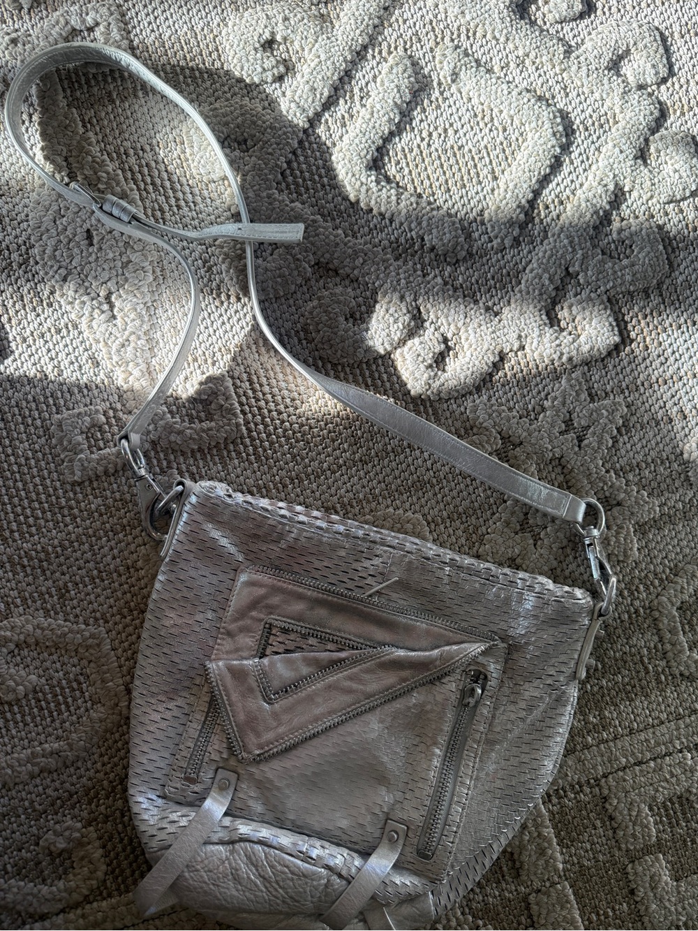 she & lo metallic distressed silver 100% leather crossbody bag large hobo bag